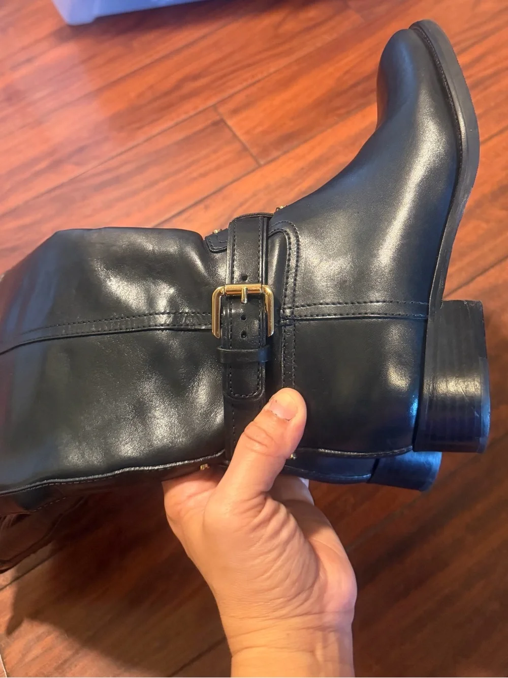 Tory Burch Black Leather Riding Boots with Gold Buckle - Picture 12 of 13